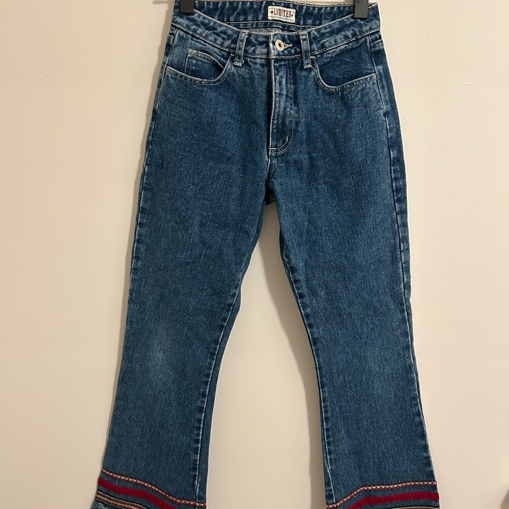 Blue Flare Wide Leg Jeans with Unique Cuffed Hem